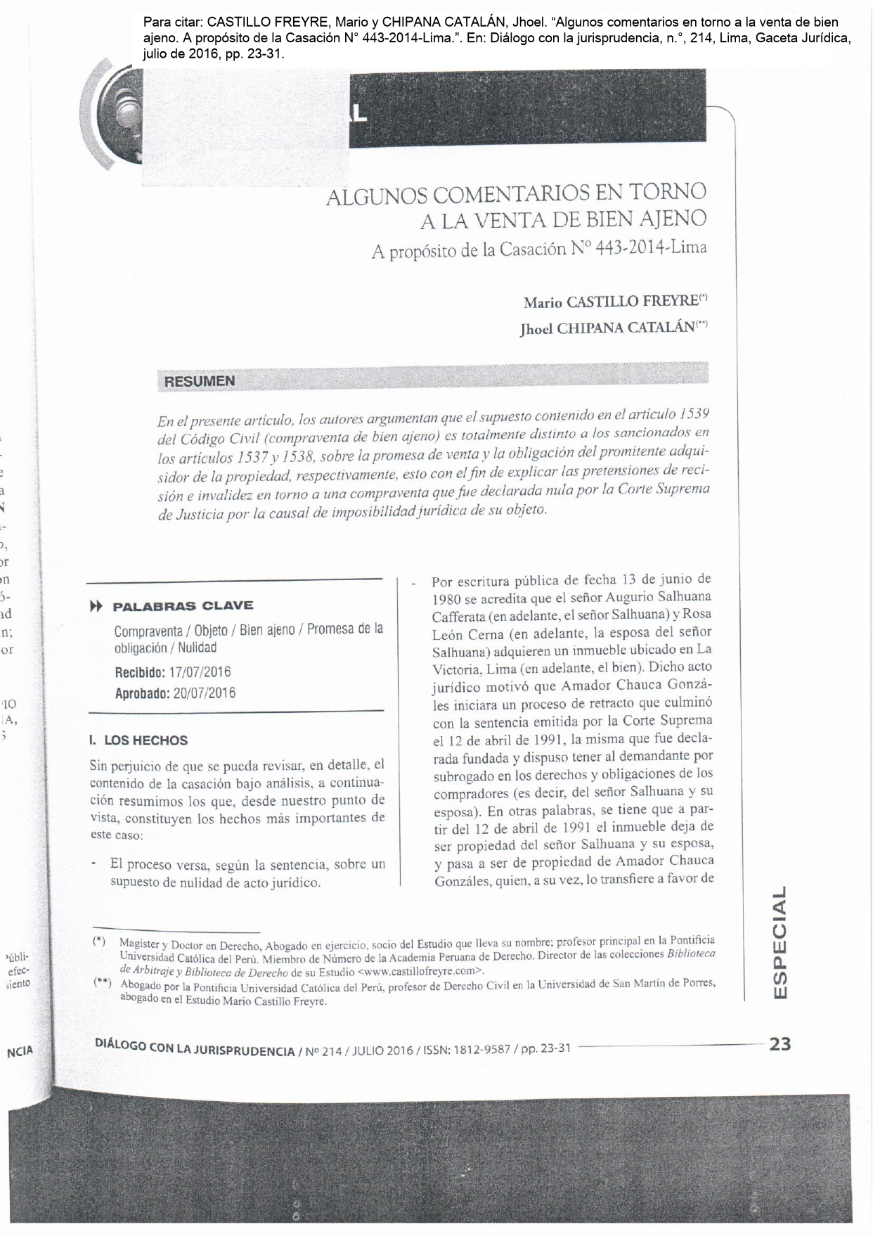 Lee más sobre el artículo Algunos comentarios en torno a la venta de bien ajeno. A propósito de la Casación N° 433-2014